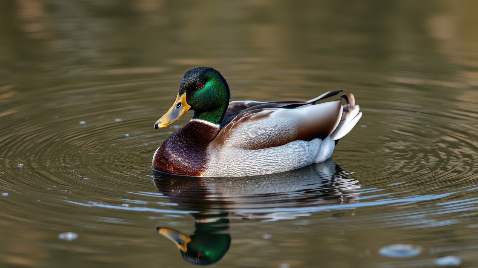 Mallard duck gracefully swimming on a tranquil pond creating ripples in the early morning light
